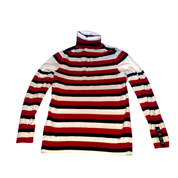 NWOT Tommy Hilfiger Blue, Red, and White Striped Jeweled Turtle-Neck Sweater - Picture 4 of 5
